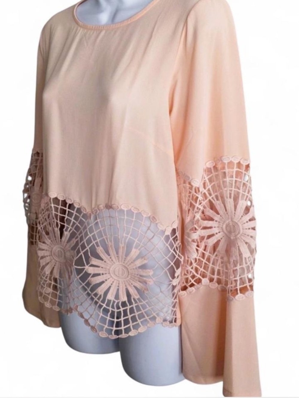 Vintage boho Women's Blush Pink Crochet-Hem Long Sleeve Top - Picture 4 of 8